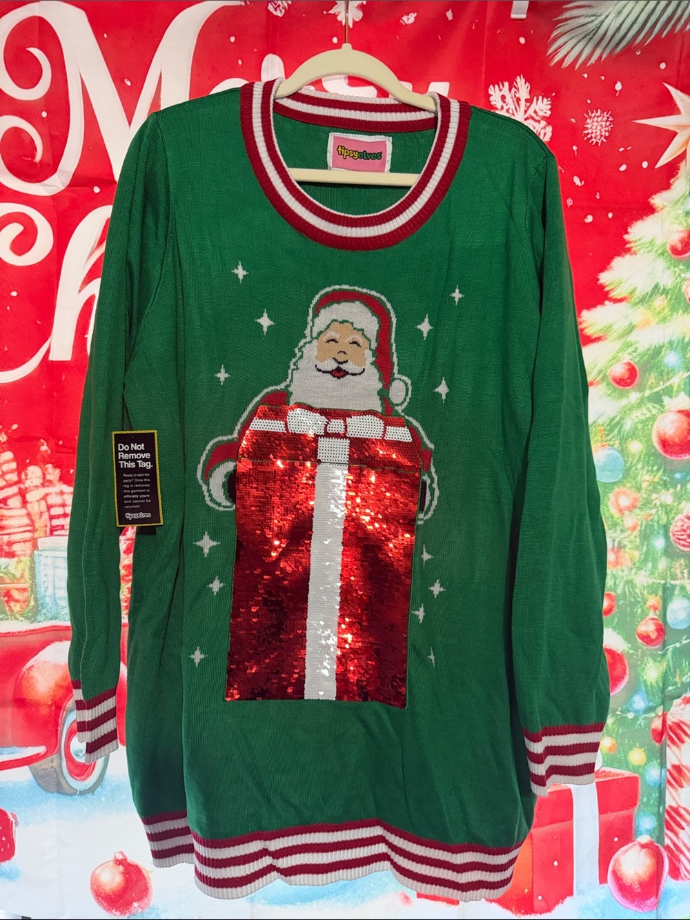 Tipsy Elves Maternity Santa Sequin Sweater with Red Gift